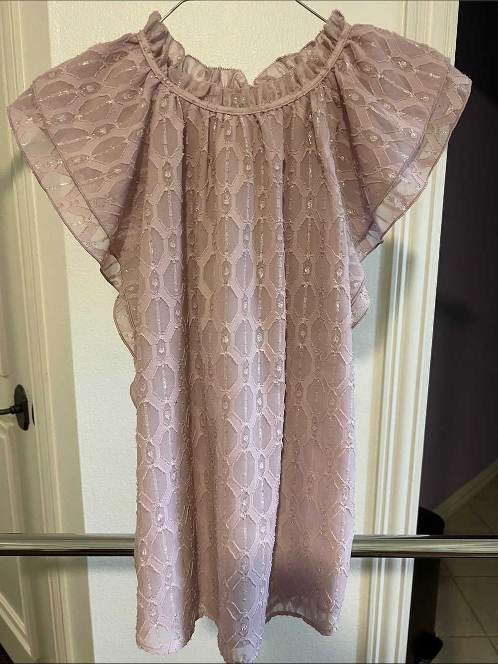 LOFT Ruffled Neck Lace Sleeveless Top in Dusty Light Purple